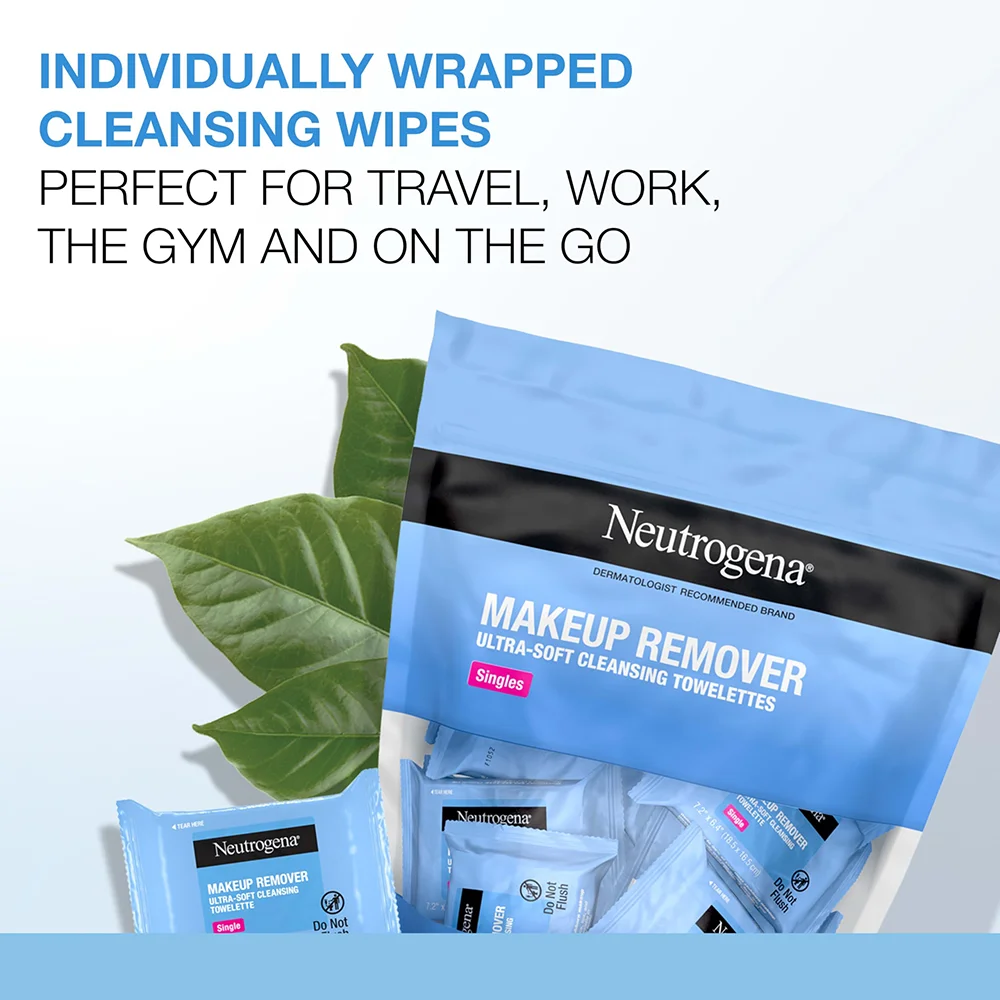 Neutrogena Makeup Remover Wipes Singles, Daily Facial Cleansing Towelettes for Waterproof Makeup, 20 Individually Wrapped Wipes 2 Neutrogena Makeup Remover Wipes Singles, Daily Facial Cleansing Towelettes for Waterproof Makeup, 20 Individually Wrapped Wipes - Image 2